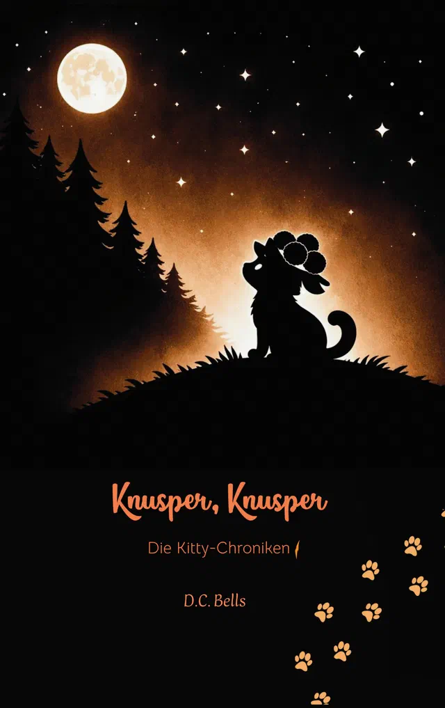 Buchcover: Knusper, Knusper – eine Katzensilhouette mit Blütenkranz vor dem Vollmond über einem Nadelwald