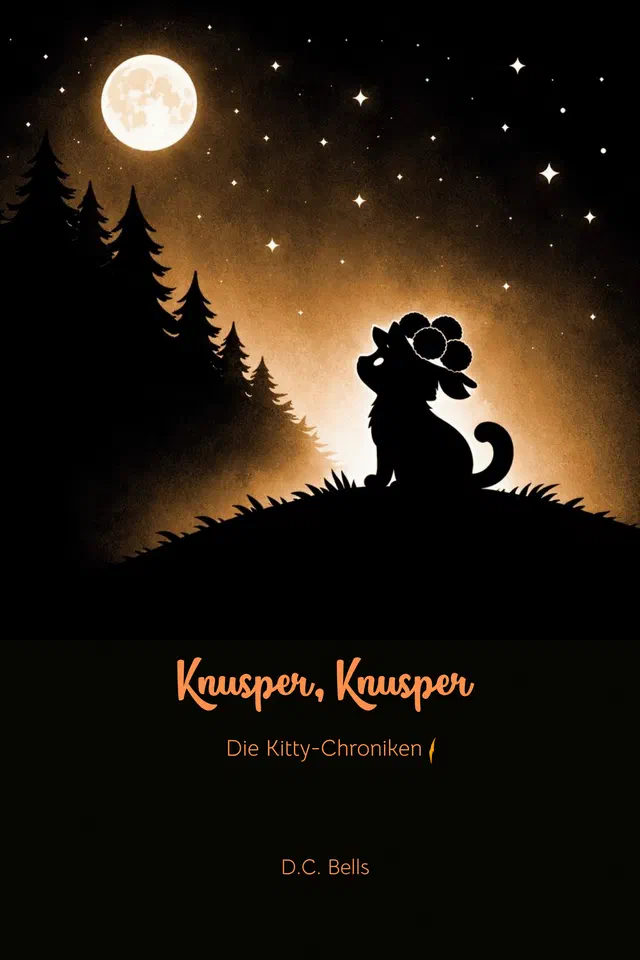 Buchcover: Knusper, Knusper – eine Katzensilhouette mit Blütenkranz vor dem Vollmond über einem Nadelwald